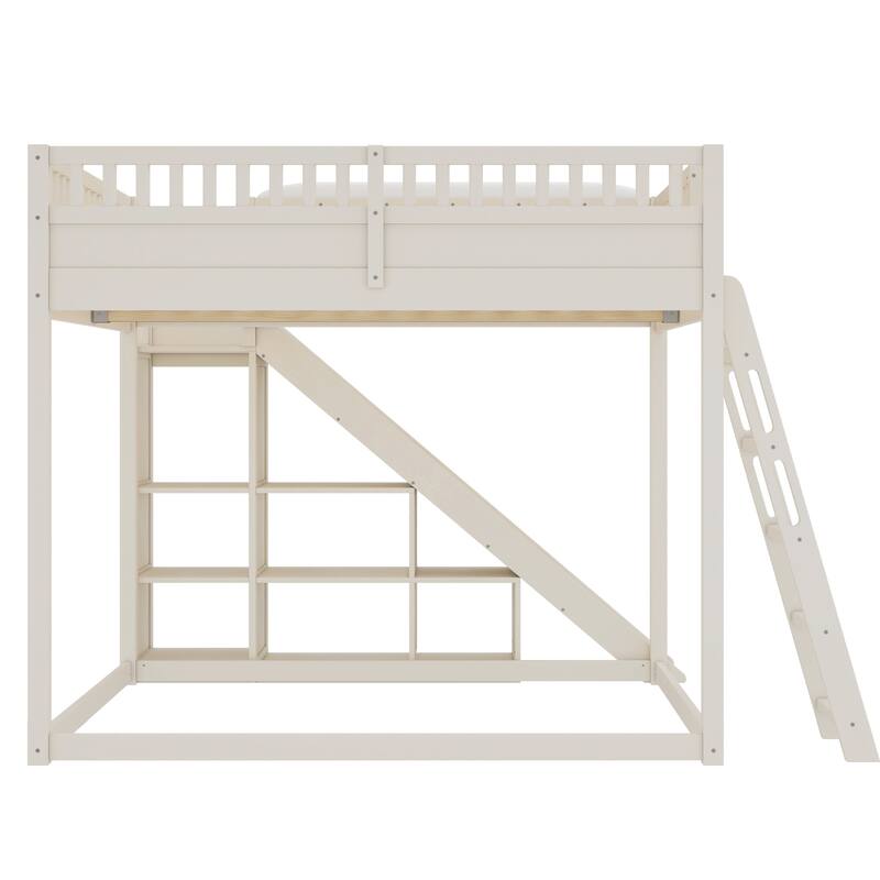 Queen Size Loft Bed with Upholstered Headboard and Storage Shelves, Complete with Ladder and Slide