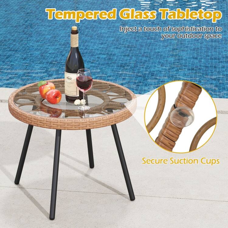 3 Piece Brown PE Rattan Patio Bistro Set with Beige Cushions asnd Glass Table - Chair: 24.5” × 23” × 31” (L × W × H)