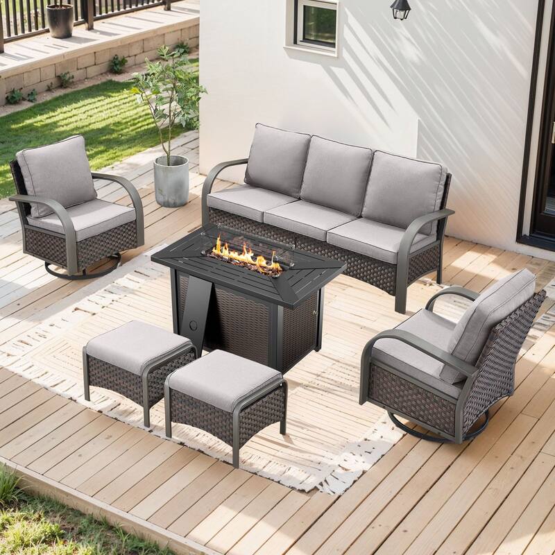 Propane Fire Pit with Outdoor Patio Funiture Set - Brown Rattan - Grey Cushion - 6PCS Sofa Swivel Chair Ottoman with Fire Table