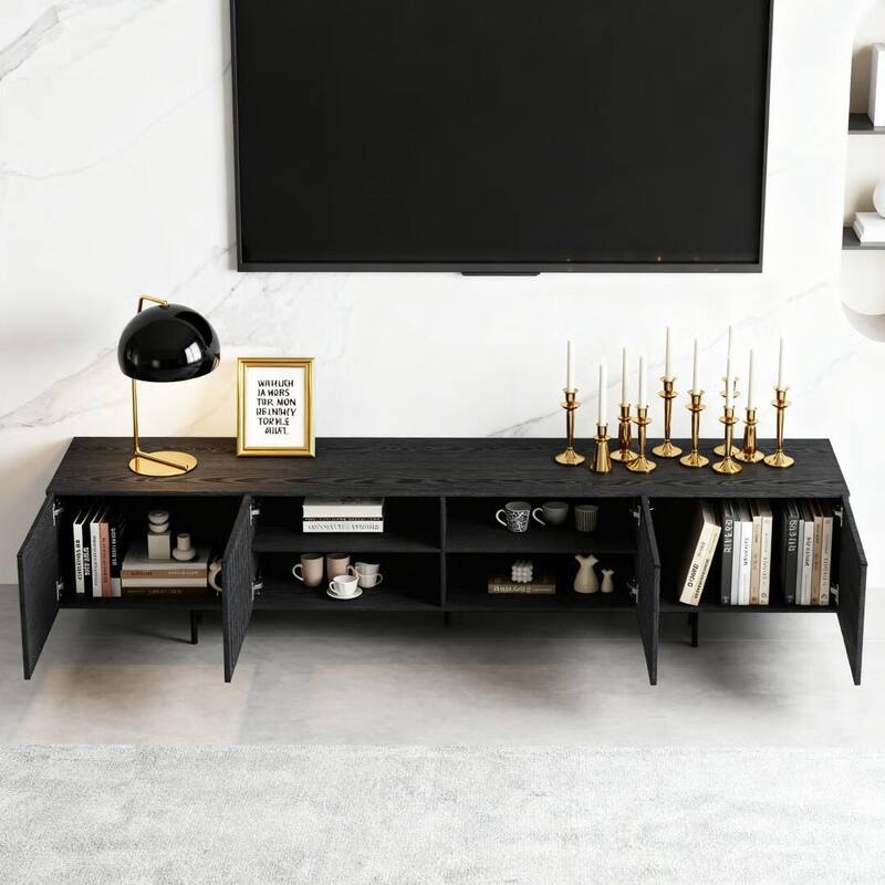 Stylish mid-century modern TV stand for up to 80" TVs. Ample storage for media devices, cable management. easy assembly.