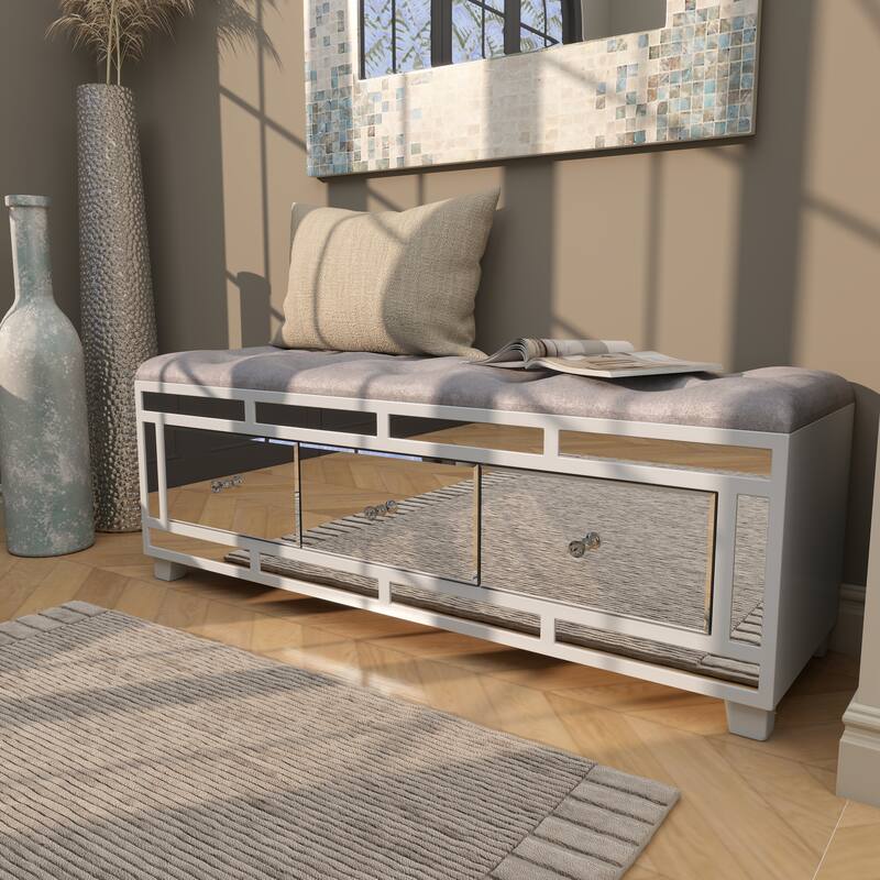 Gray Velvet Mirrored 3 Drawer Room Storage Bench with Upholstered Seat