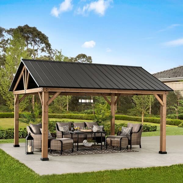 Shop Sunjoy 12 Ft X 14 Ft Cedar Framed Gazebo With Gable Roof Overstock 30581605 Black
