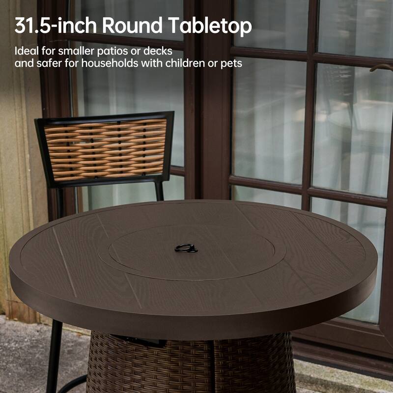 31.5" Wicker Propane Bar Height Fire Pit Table, 40,000 BTU Outdoor Round Gas Fire Table with Fire Glass Stone