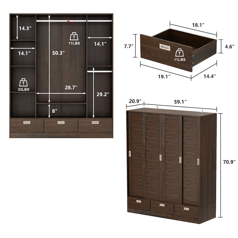 Closet Cabinet Wardrobe Armoire with Drawers, Hanging Rod Brown