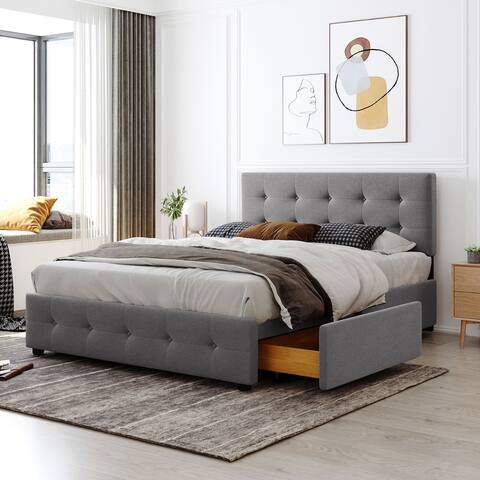 Upholstered Queen Platform Bed with Classic Headboard and 4 Drawers, Light Grey