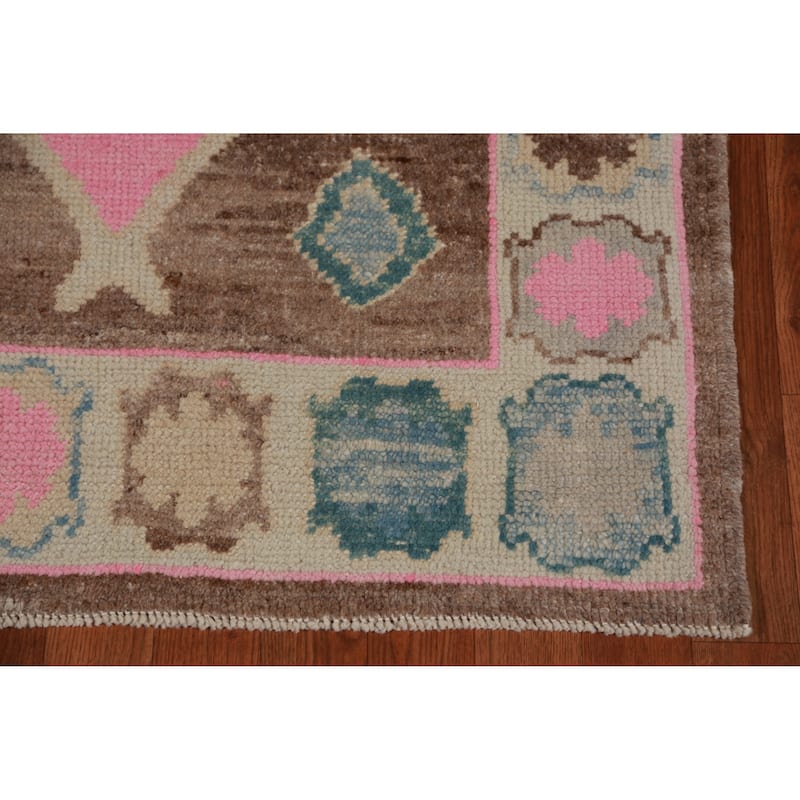 Hand Knotted Oriental 100% Wool Carpet Transitional Geometric Brown Oushak Runner Rug - 16' 1'' X 3' 5''
