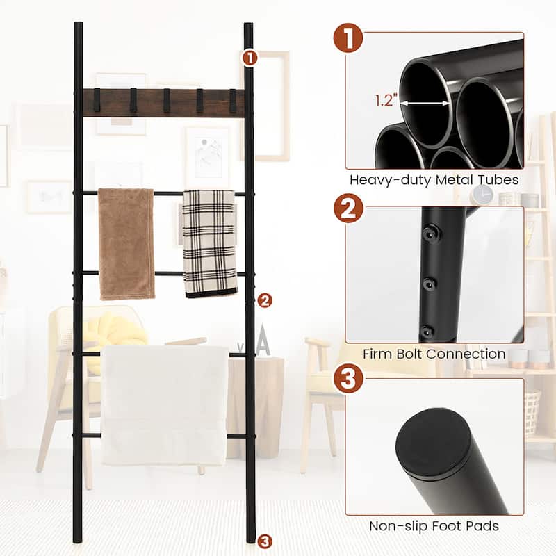 Gymax 5-Tier Ladder Shelf Wall Leaning Blanket Ladder w/5 Removable