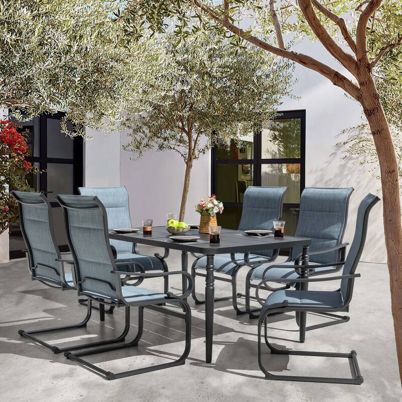 Outdoor 7-Piece Padded Textilene Metal Dining Set with 1.6'' Umbrella Hole