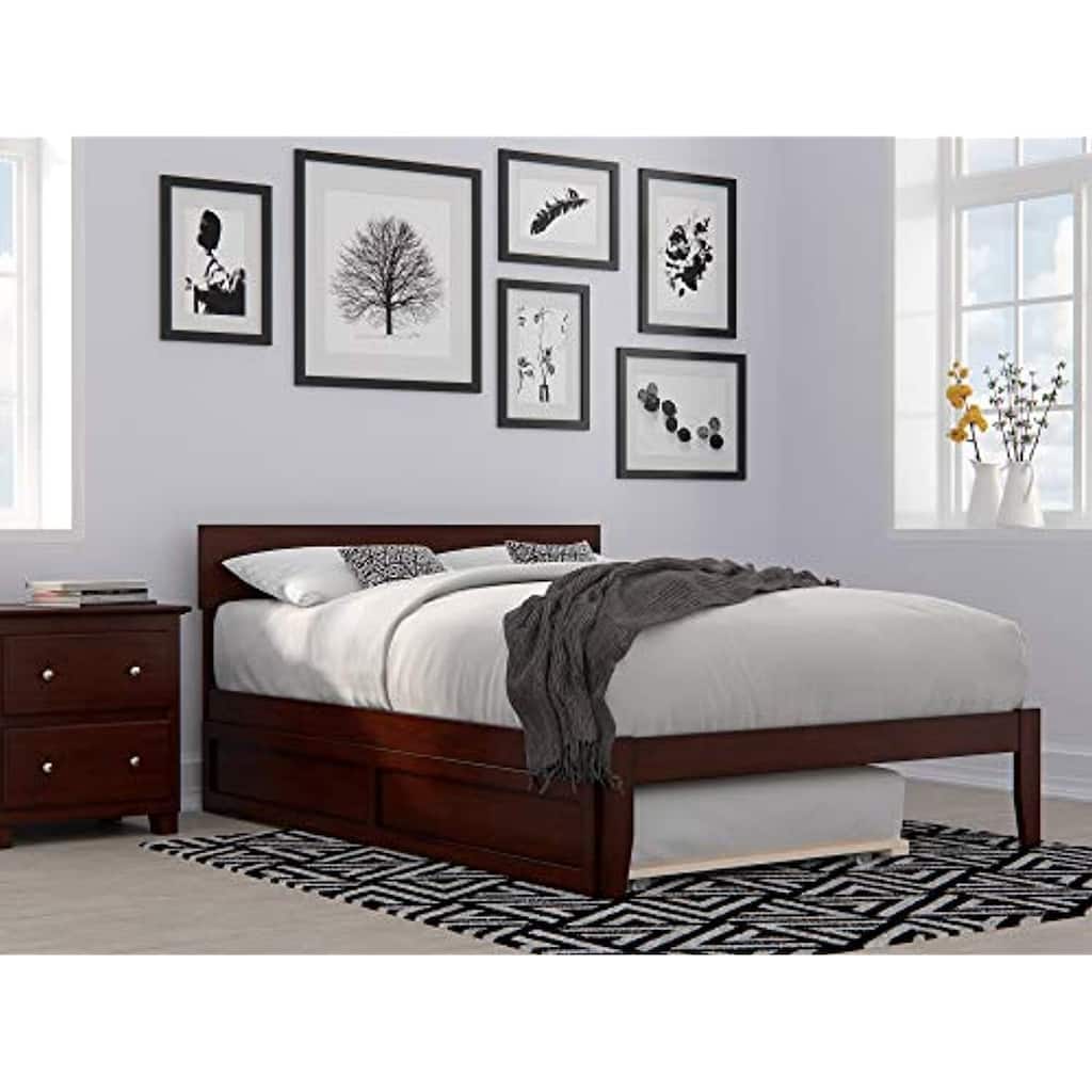 Full Bed with Trundle - Antique Ambiance Design, Walnut Finish, No Box Spring Needed, 800 lb Capacity