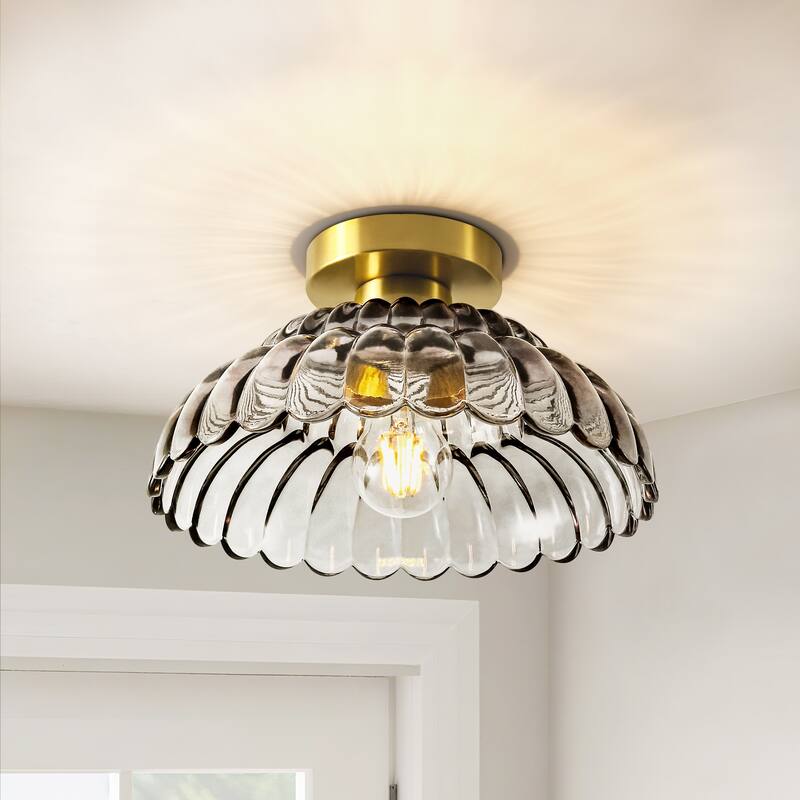 1-Light Vintage Brass Finish Metal Semi-Flush Mount Ceiling Light with Amber/Green/Grey/Clear Glass Shade for Kitchen, Hallway - Grey/Gold