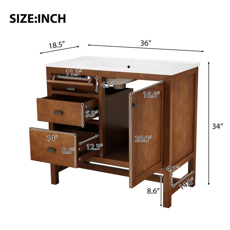 Christopher Knight Home - Modern 36" Freestanding Bathroom Vanity with Ceramic Sink, Dual Drawers, Flip-Up Storage - 36"W