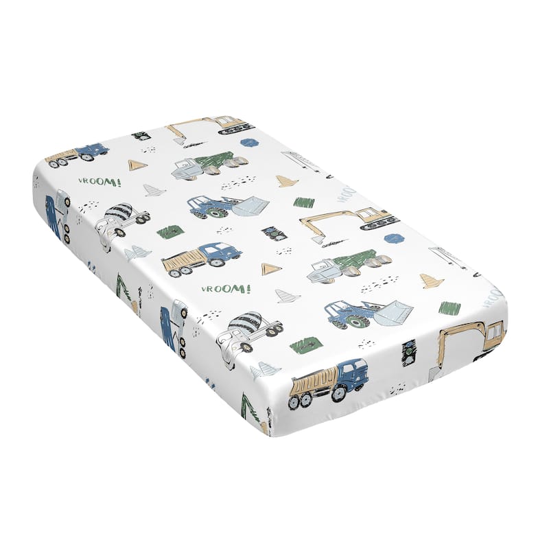 Sweet Jojo Designs Green Blue Construction Truck Boy Satin Fitted Crib Sheet Transportation Zone Vehicles Bulldozer Crane Yellow