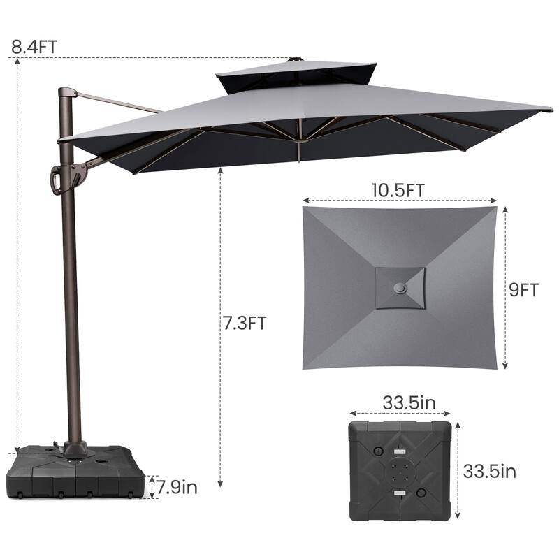 10.5 ft. x 9 ft. Double top 360-Degree Rotation Cantilever Patio Umbrella with Base