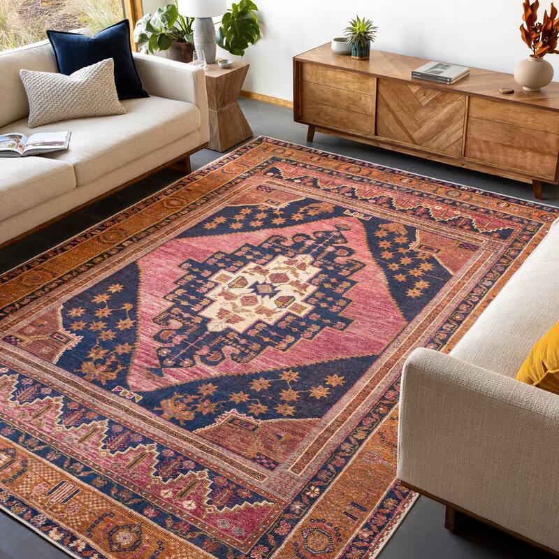 Livabliss Hollister Machine Washable Traditional Diamond Area Rug - 7'10" x 10'2" - Rose/Dark Blue