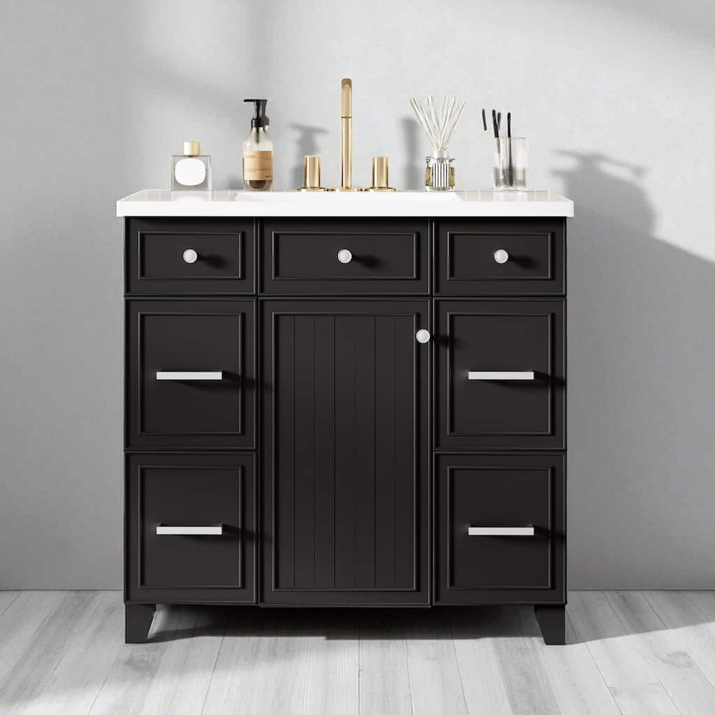 36" Bathroom Vanity with Sink Combo, Black Shaker Cabinet, Soft Close Doors & 3 Drawers, Resin Top