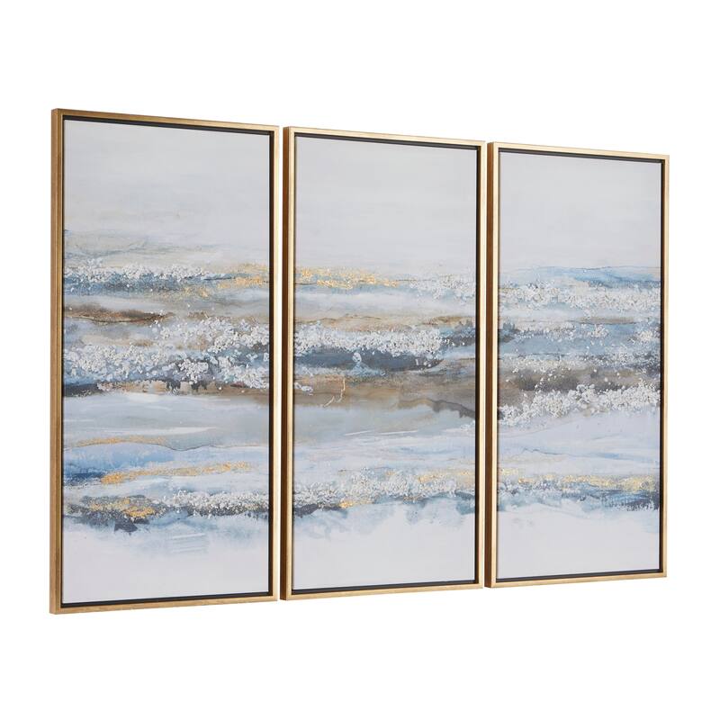 Blue Canvas Landscape Framed Wall Art with Gold Frame (Set of 3)