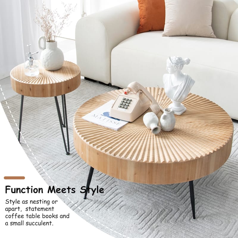 COZAYH 2-Piece Farmhouse Living Room Coffee Table Set, Nesting Coffee Table Round Natural Wood Finish