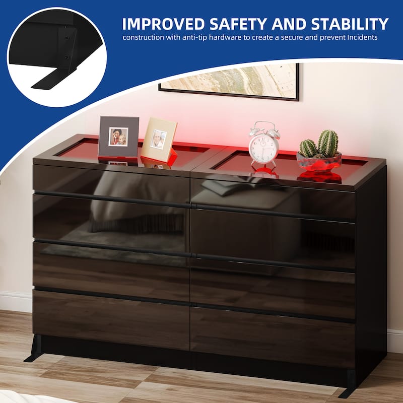 Moasis 4/8 Drawer Dresser Chest of Drawers Tempered Glass Top With LED Light