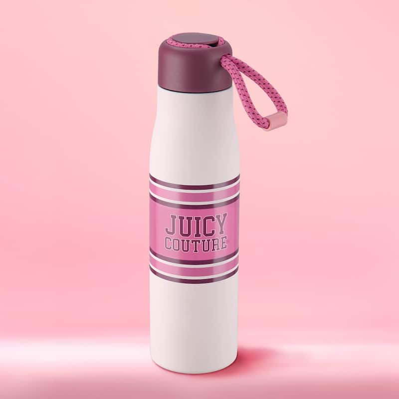 Juicy Couture Luxe Loop Hydration Stainless Steel Tumbler With Woven Loop Handle - 17oz - Varsity Logo Dogwood Pink
