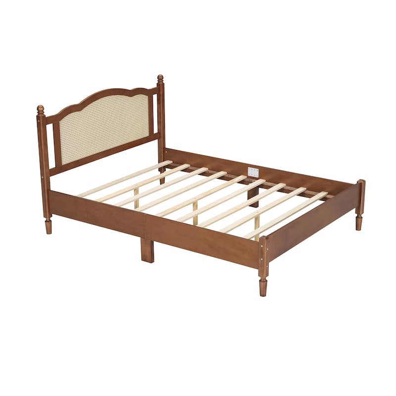 Queen Size Walnut Wooden Platform Bed with Natural Rattan Headboard, Vintage Design