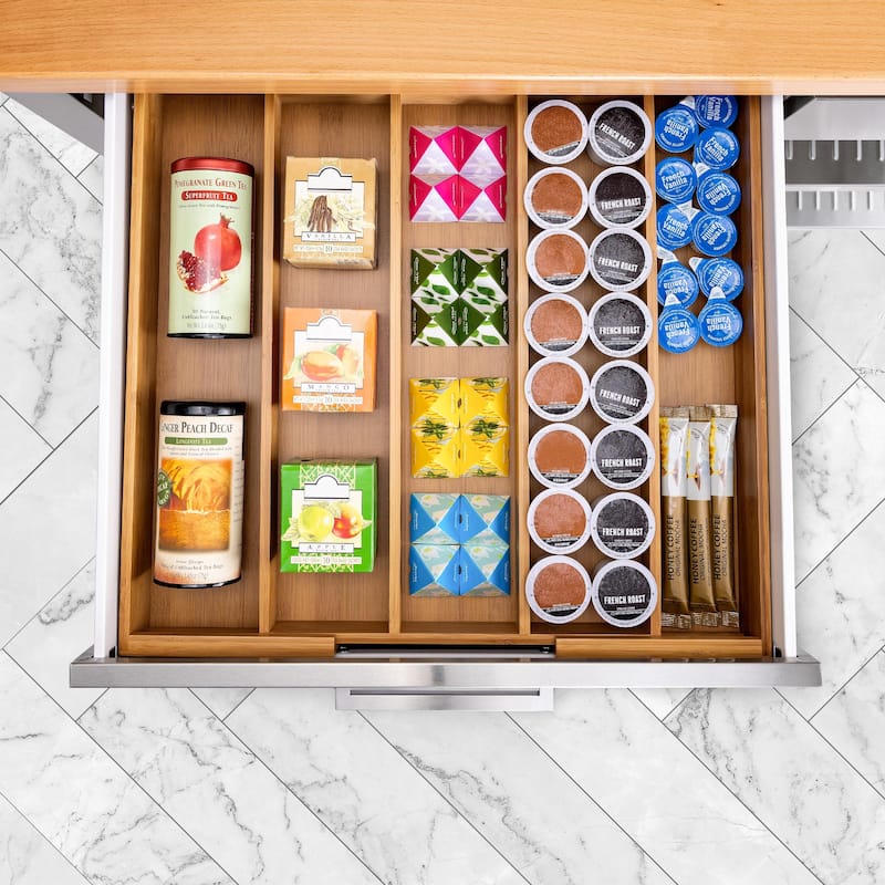 Seville Classics Bamboo Expandable 5 Large Compartment Adjustable Cutlery Drawer Tray Organizer - Brown