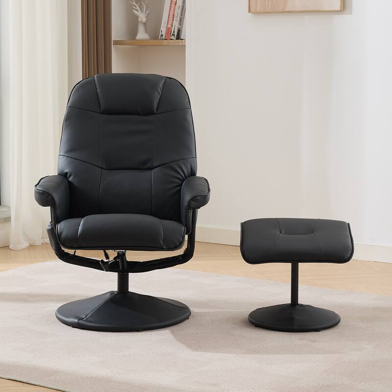 Massage Recliner Chair with Ottoman, 360° Swivel PU Leather Reclining Chair with Wrapped Base, 5 Point Vibration Massag