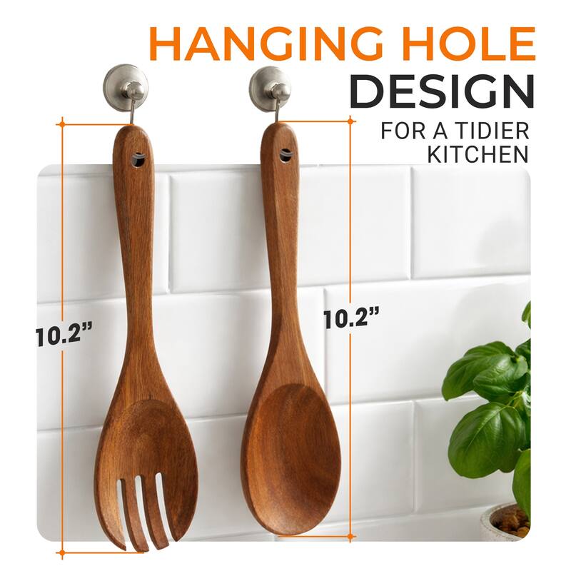 Cheer Collection Teak Wood Salad Spoon and Fork Set with Smooth Finish and Hanging Loop