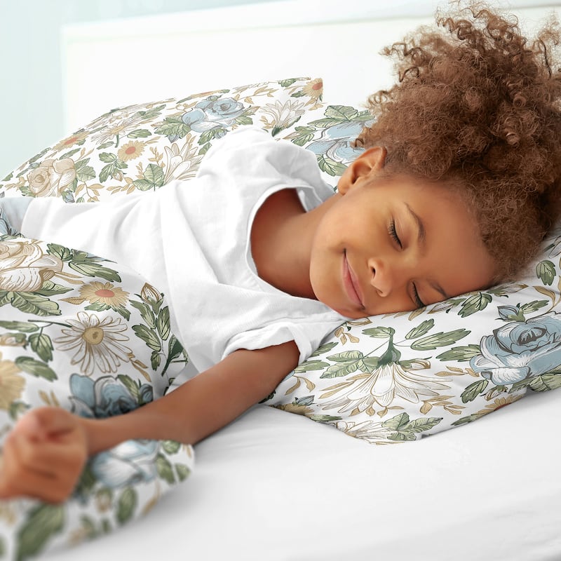 Vintage Floral Blue Yellow Girl 3pc Full/Queen Comforter Set Green Gold Orange Taupe White Shabby Chic Rose Flower Boho Bohemian