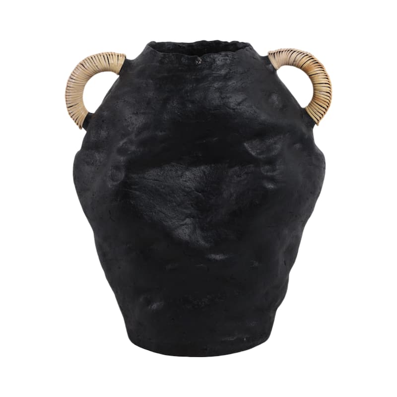 Handcrafted Terracotta Vase with Woven Handles for Modern Home Decor - Black - 12" x 8" x 13"