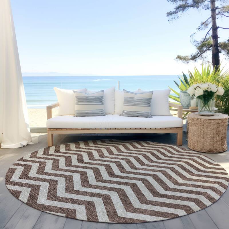 Machine Washable Indoor/ Outdoor Chantille Chevron Stripe Rug - Brown - 8' x 8'