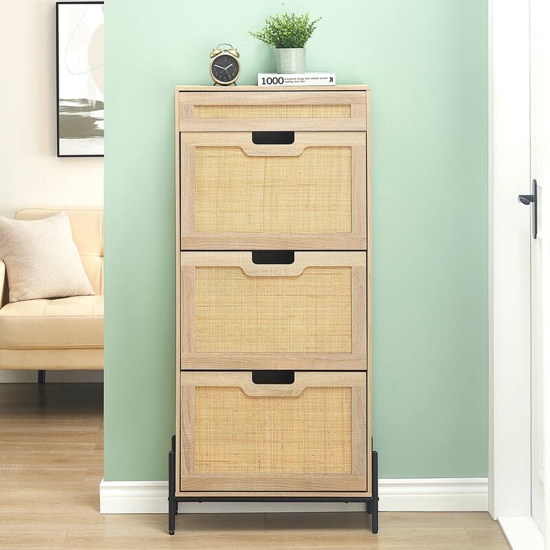 Rattan Storage Cabinet with 3 Flip Drawers