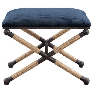 23.5" Navy Blue and Brown Rustic Bench with Cushioned Top