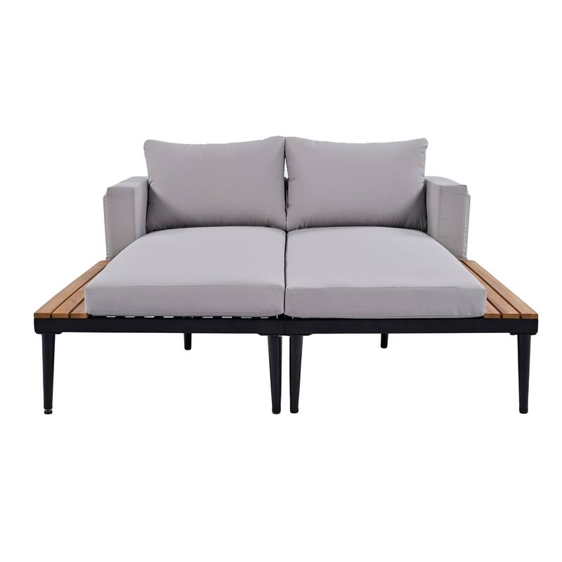 Outdoor Patio Daybed with Acacia Wood Topped Side Spaces, 2-in-1 Design, Adjustable Leg Supports, and Washable Cushions