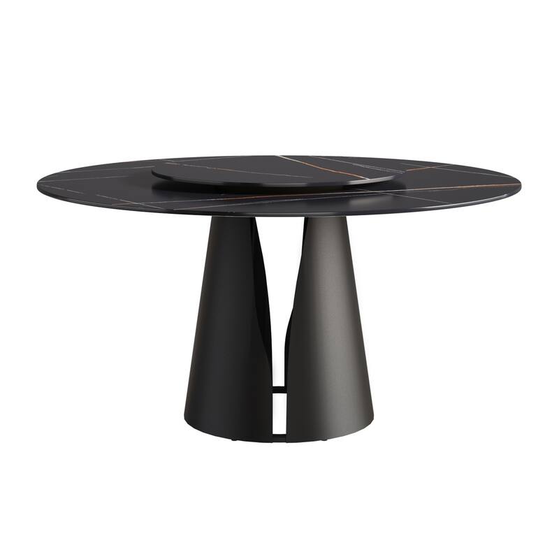 59.05"Modern artificial stone round carbon steel base dining table-can accommodate 6 people-31.5"black artificial stone