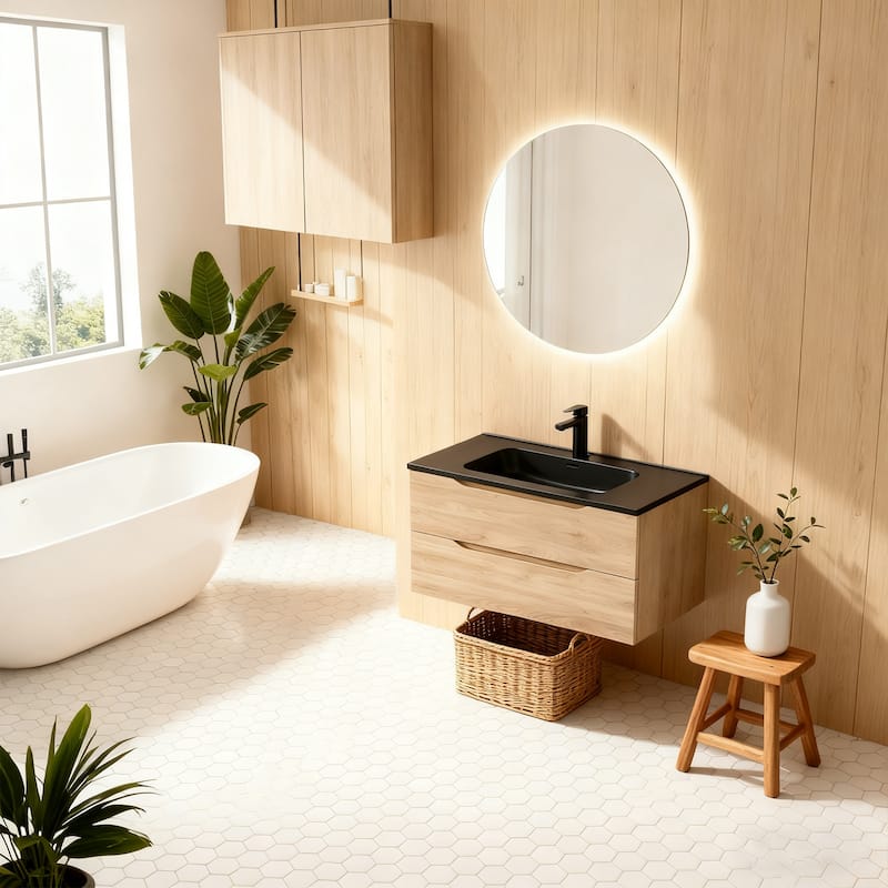 RupheonD 24"-48" Floating Bath Vanity in Evita Oak with Black Quartz Top