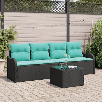 vidaXL 5 Garden Sofa Set with Cushions Black Poly Rattan - 90.9 x 24.4 x 27.2