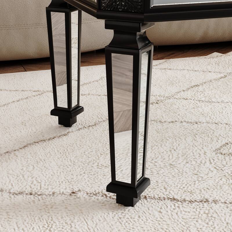 Roomfitters 48" Mirrored Coffee Table, Black Carved Wood Center Table, Rectangle Glass Tea Table for Living Room, Silver