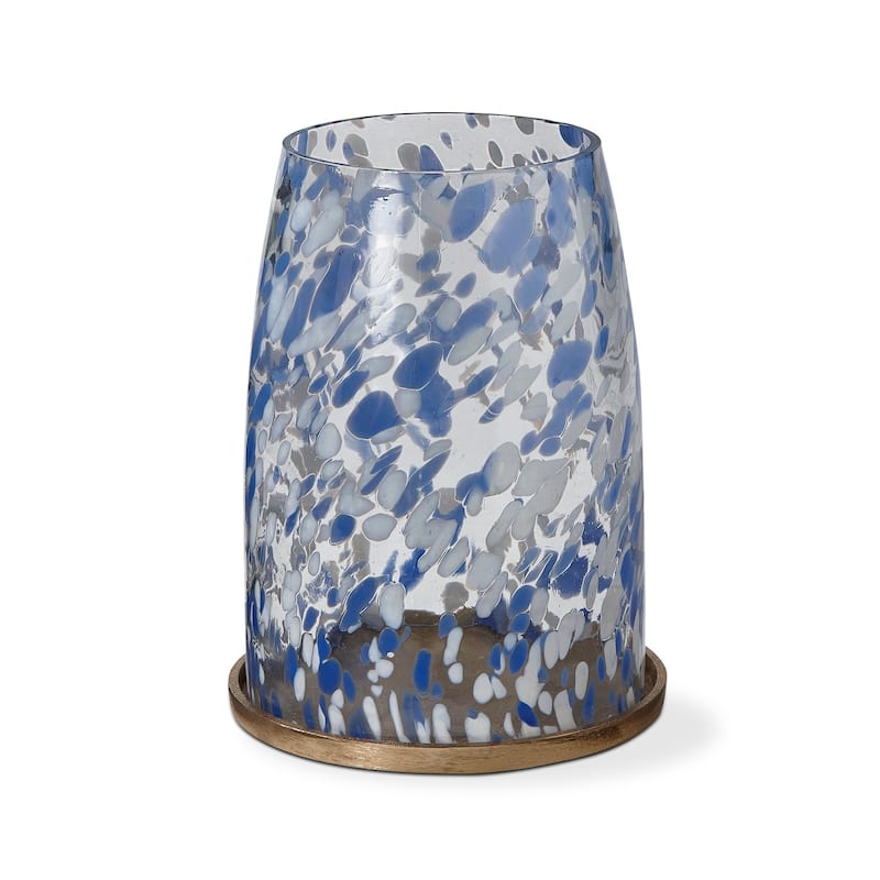 Blue Confetti Glass Hurricane Pillar Candle Holder Large, 8.0L x 8.0W x 11.0H inches
