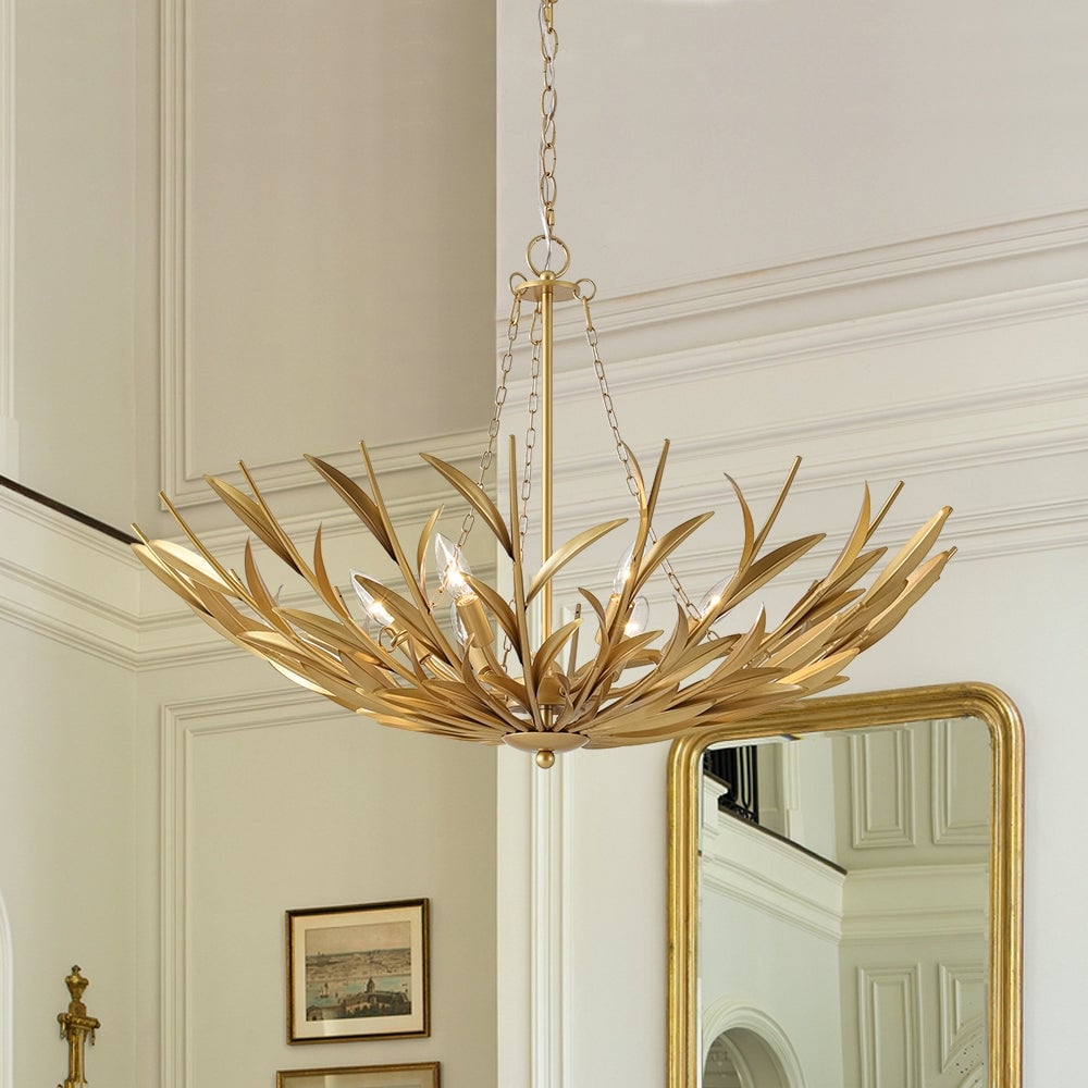 French Luxury Large Iron Gold Floral Round Cage Chandelier - 33.5 in