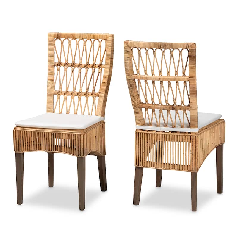 Sullivan Modern Bohemian Natural Brown Rattan 2-Piece Dining Chair Set - White, Natural Brown