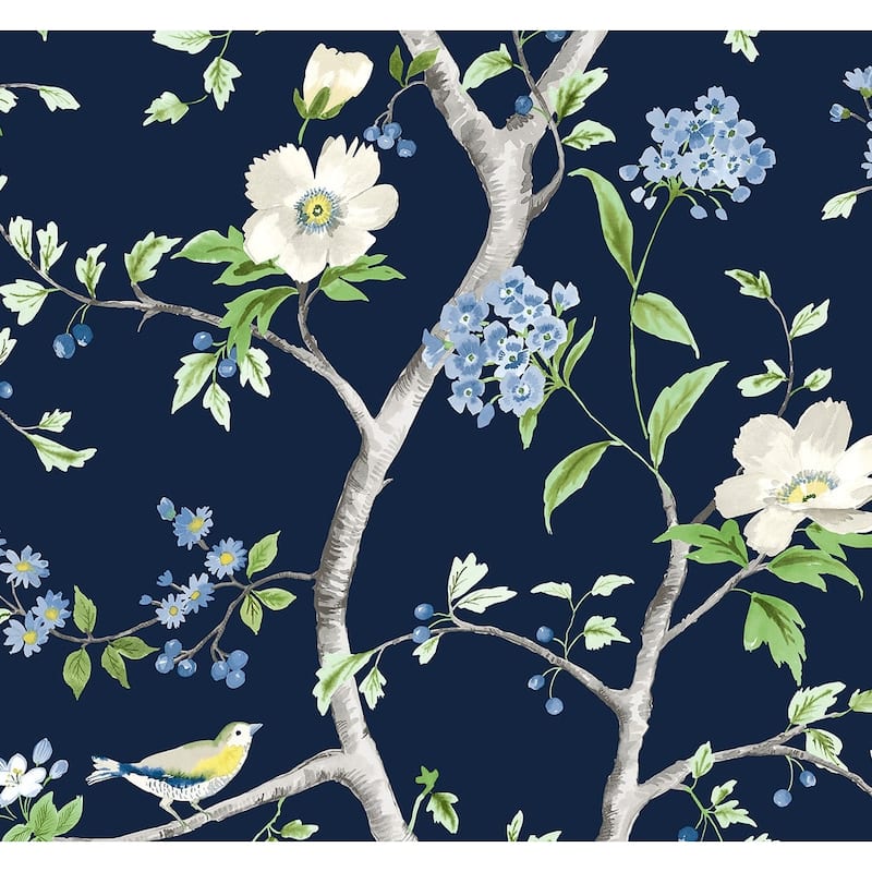 Luxe Haven Floral Trail Peel and Stick Wallpaper - 27 in. W x 18 ft. L - Navy Blue & Spring Green