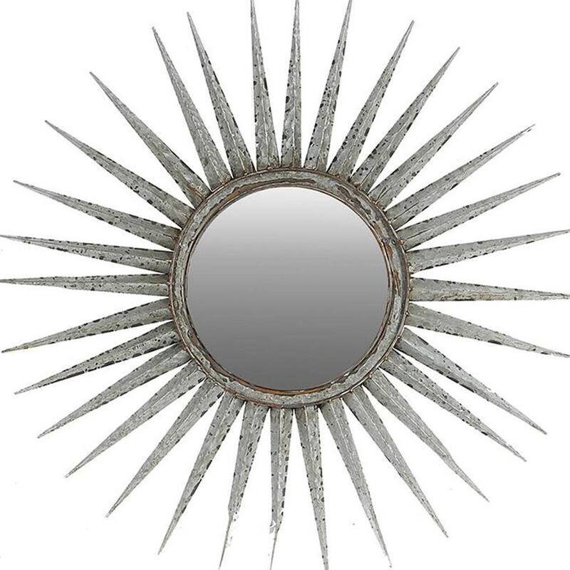 HomeRoots 30" Antiqued Silver Gray Sunburst Wall Mounted Accent Mirror - 39