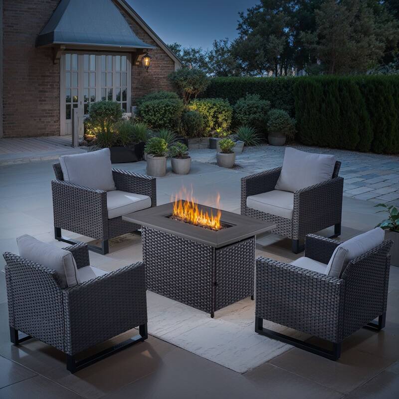 Outdoor Fire Pit Table with Patio Funiture - Brwon Wicker Beige Cushion - 4 Patio Chair w/ Fire Table