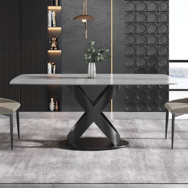 71" Rectangular Dining Table,Sintered Stone Tabletop Carbon Steel Legs