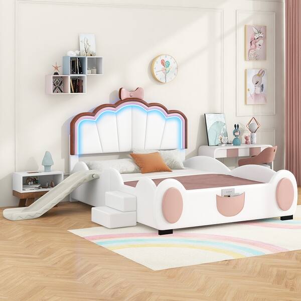 slide 2 of 13, Full Size Upholstered Platform Bed with Cartoon Headboard & Footboard, Mini Ladder & Children's Slide, LED Light, Pocket, White LED/ White - Full