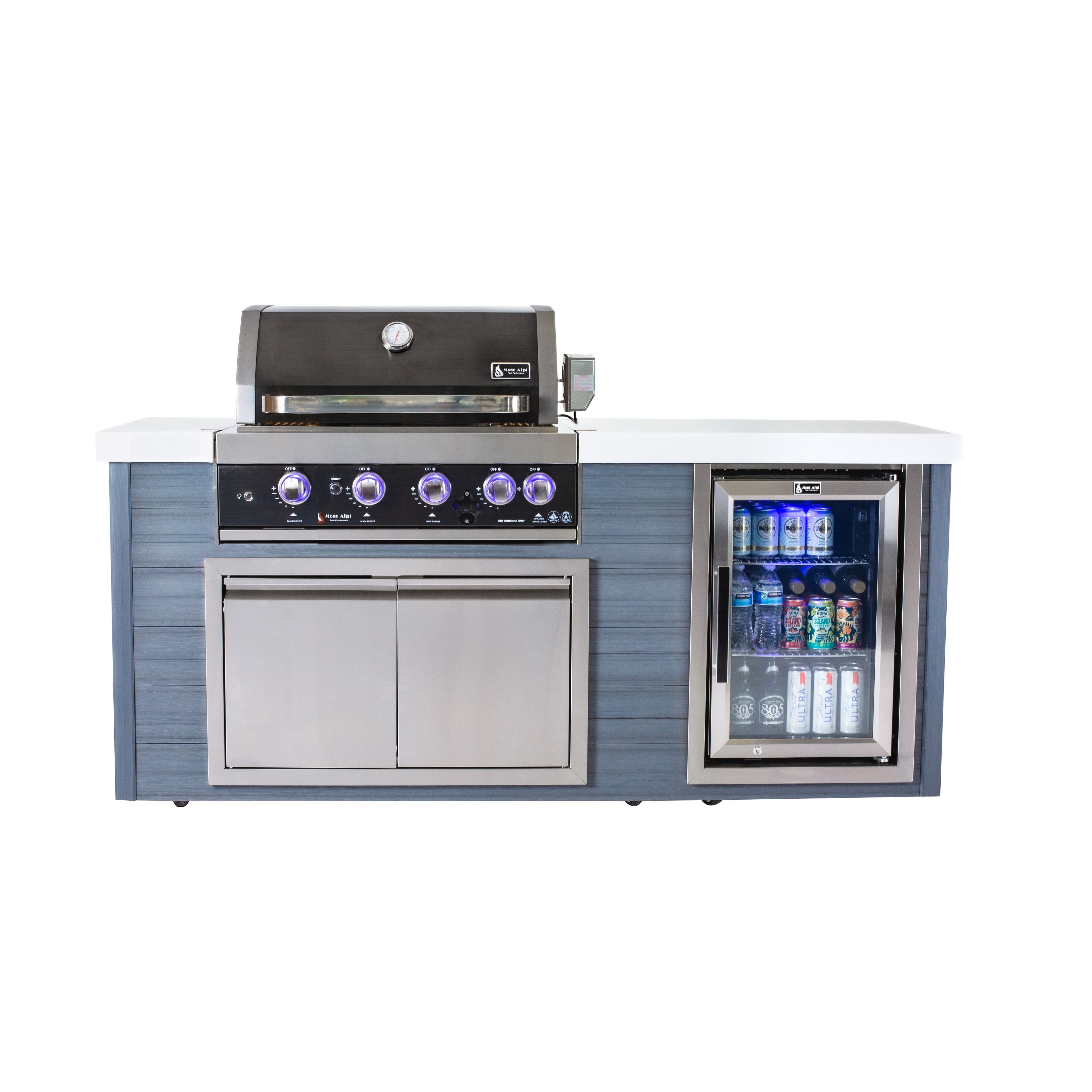 Mont Alpi 78" All Weather HDPE Outdoor Kitchen Island + Refrigerator + 32" Black Stainless Steel 4-Burner Built-in BBQ Gas Grill