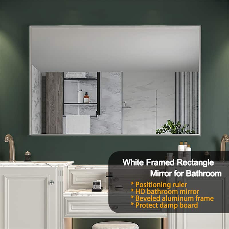 Glossy White Rectangular Wall-Mounted Beveled Bathroom Mirror