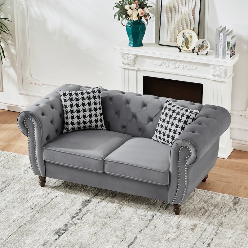 67"Chesterfield ‌velvet upholstery fabric Sofa with Roll Armrest & Nailhead,Upholstered Mid Century Modern Couch,2 Seater Couch