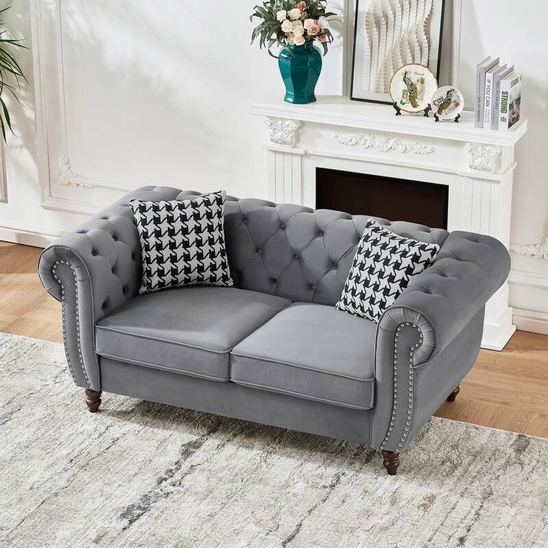 Roomfitters 67" Classic Chesterfield Upholstered Loveseat with Scrolled Arms and Nailhead Trim, Button Back Sofa Couch