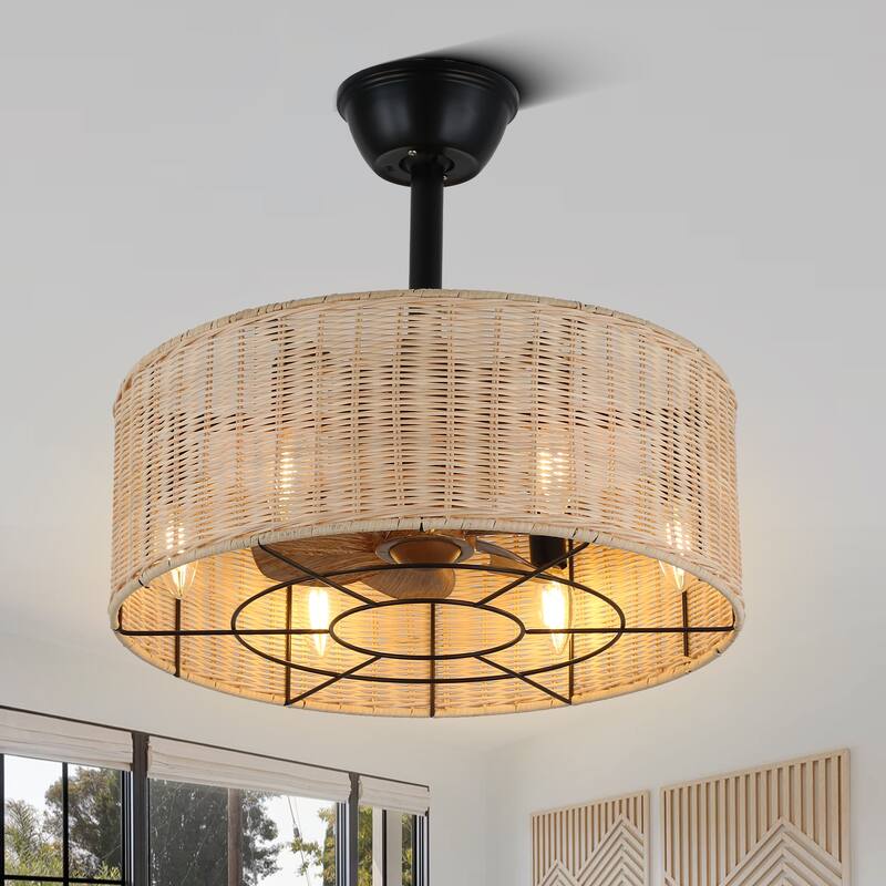 20" Oaks Aura Rattan Wicker Zen Conception Ceiling Fan with Lights,3- Speed Scandi Style Fan lights w/Remote, Downrod Included - Remote